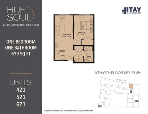 Floor plan for 1 bed, 1 bath, 679 sqft